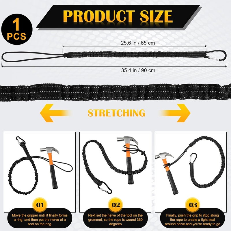 LEIFIDE 1 Pc Tool Lanyard Standard Length Safety Tool Leash 17.6lb 8kg Tough Adjustable Fall Protection Tether with Aluminum Screw Lock Buckle, Shock Cord Stopper and Retractable Loop End, Black - Image 2